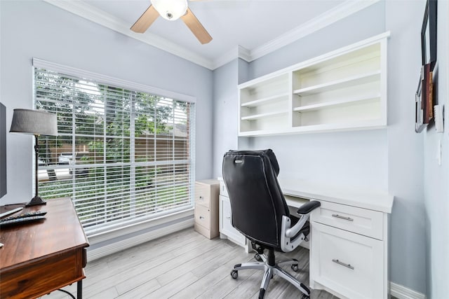 2815 Kings Crossing Dr Unit 106, Houston, TX 77345 - office featuring a ceiling fan, ornamental molding, and light wood finished floors