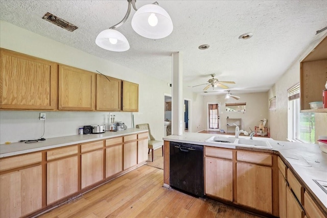 2630 35th St, Pinehurst, TX 77630 - kitchen with black dishwasher, a textured ceiling, healthy amount of natural light, light wood-style flooring, and a ceiling fan