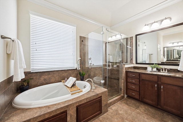 2619 Shady Woods Ln, Houston, TX 77008 - bathroom featuring vanity, a bath, a shower stall, and crown molding