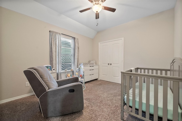 2978 Vintage Park Ln, Pearland, TX 77584 - carpeted bedroom featuring lofted ceiling, baseboards, a nursery area, and a ceiling fan