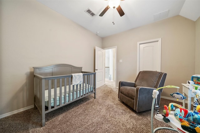 2978 Vintage Park Ln, Pearland, TX 77584 - bedroom with carpet, a nursery area, lofted ceiling, ceiling fan, and baseboards