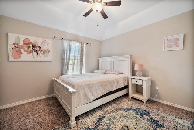 2978 Vintage Park Ln, Pearland, TX 77584 - carpeted bedroom featuring baseboards, lofted ceiling, and a ceiling fan