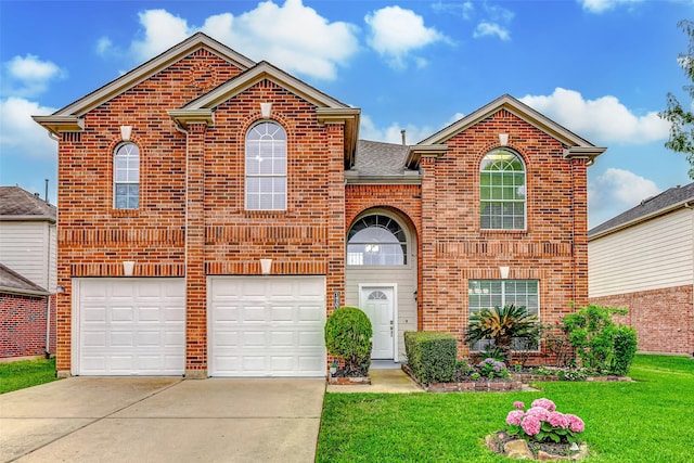 14203 Coveney Dr, Houston, TX 77090 - traditional-style home with brick siding, driveway, a front yard, a garage, and roof with shingles
