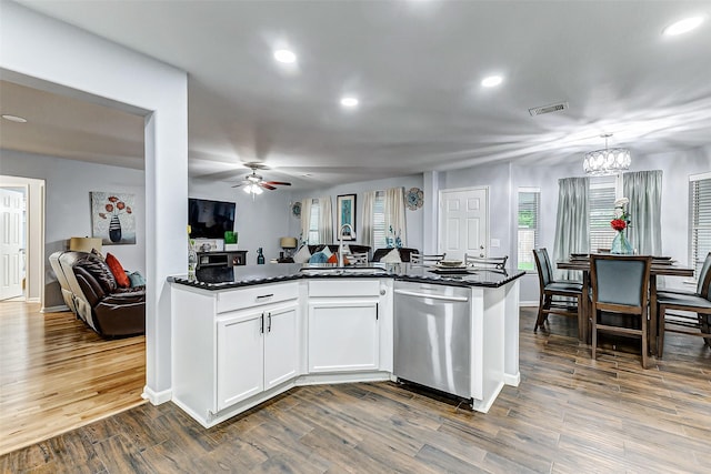 14203 Coveney Dr, Houston, TX 77090 - kitchen with dishwasher, a ceiling fan, dark wood-style flooring, white cabinets, and a sink