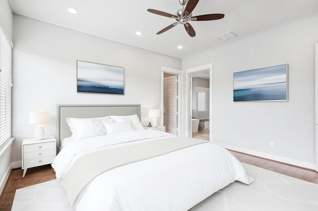 334 Yale Oaks Ln, Houston, TX 77091 - bedroom with wood finished floors, baseboards, recessed lighting, ensuite bathroom, and a ceiling fan