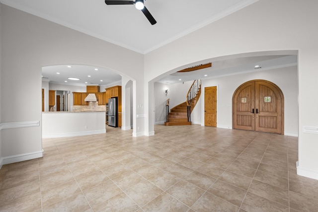 504 High Meadow Ranch Dr, Magnolia, TX 77355 - unfurnished living room featuring recessed lighting, light tile patterned flooring, stairs, a ceiling fan, and crown molding