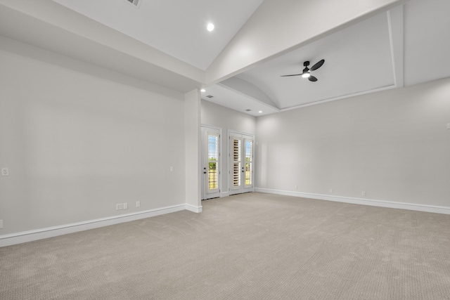504 High Meadow Ranch Dr, Magnolia, TX 77355 - empty room featuring recessed lighting, ceiling fan, light colored carpet, beam ceiling, and high vaulted ceiling