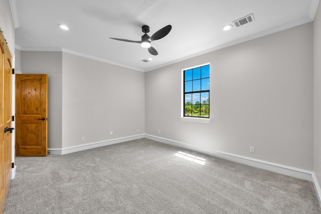 504 High Meadow Ranch Dr, Magnolia, TX 77355 - empty room with carpet flooring, a ceiling fan, crown molding, and recessed lighting