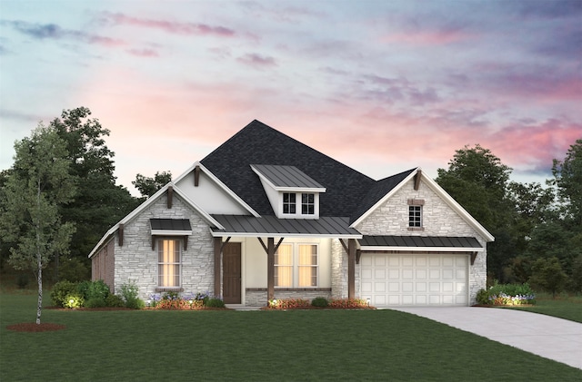 17020 Sweet Iris Ct, Conroe, TX 77302 - view of front of house with a standing seam roof, stone siding, concrete driveway, and a yard