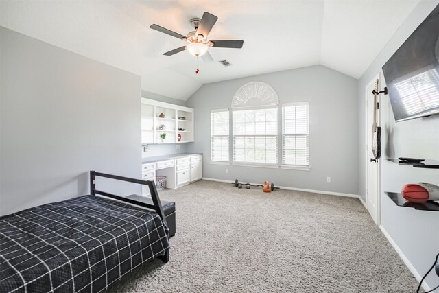 4222 Skylane Rd, Beach City, TX 77523 - bedroom featuring vaulted ceiling, light colored carpet, baseboards, and ceiling fan