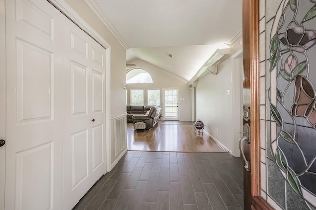 4222 Skylane Rd, Beach City, TX 77523 - foyer entrance with dark wood-type flooring and vaulted ceiling