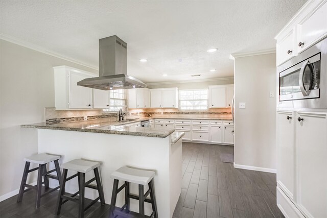 4222 Skylane Rd, Beach City, TX 77523 - kitchen featuring island exhaust hood, stainless steel microwave, crown molding, a peninsula, and a sink