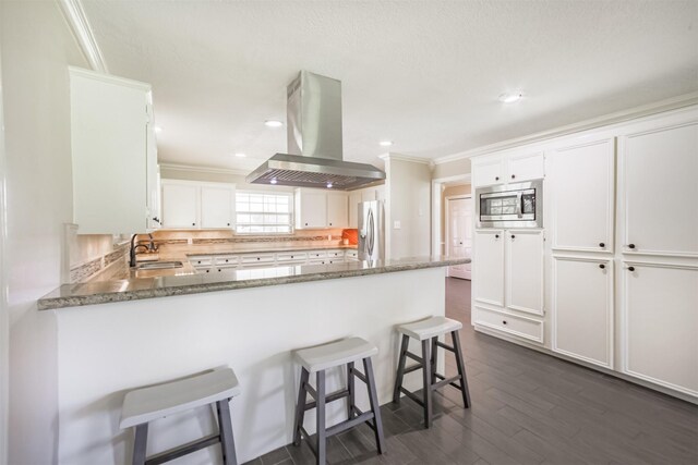 4222 Skylane Rd, Beach City, TX 77523 - kitchen featuring island range hood, appliances with stainless steel finishes, a sink, ornamental molding, and a peninsula