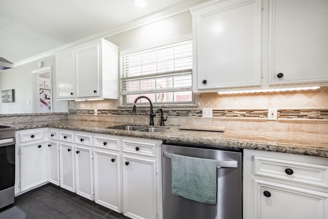 4222 Skylane Rd, Beach City, TX 77523 - kitchen with stainless steel appliances, a sink, white cabinets, backsplash, and light stone countertops