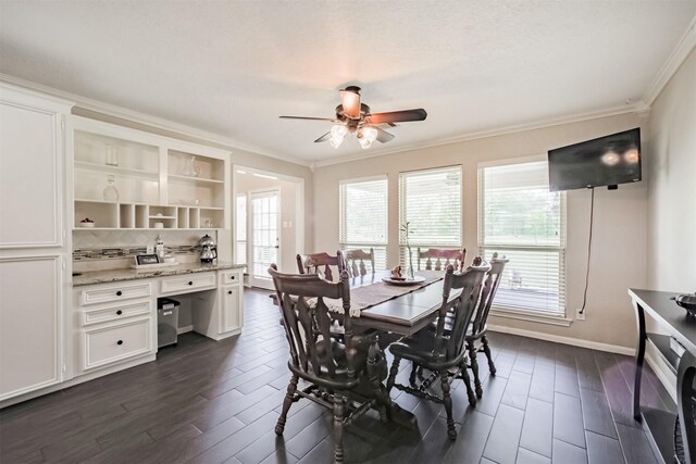 4222 Skylane Rd, Beach City, TX 77523 - dining area with ornamental molding, dark wood-type flooring, a ceiling fan, and baseboards
