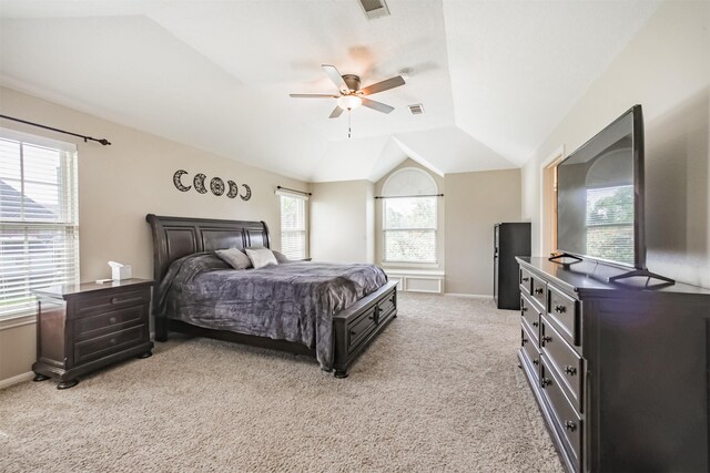 4222 Skylane Rd, Beach City, TX 77523 - bedroom with lofted ceiling, light colored carpet, baseboards, and ceiling fan