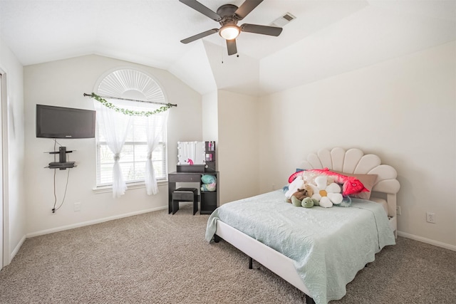 4222 Skylane Rd, Beach City, TX 77523 - bedroom featuring carpet, vaulted ceiling, baseboards, and a ceiling fan