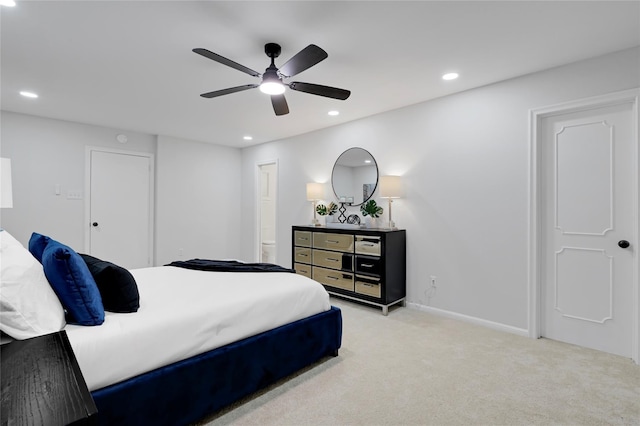 5702 Indigo St, Houston, TX 77096 - bedroom featuring light colored carpet, recessed lighting, a ceiling fan, and connected bathroom