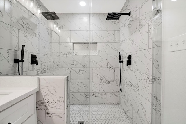 5702 Indigo St, Houston, TX 77096 - bathroom with a shower stall, vanity, and recessed lighting