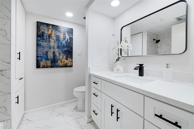 5702 Indigo St, Houston, TX 77096 - bathroom featuring marble look tiles, vanity, recessed lighting, and a shower