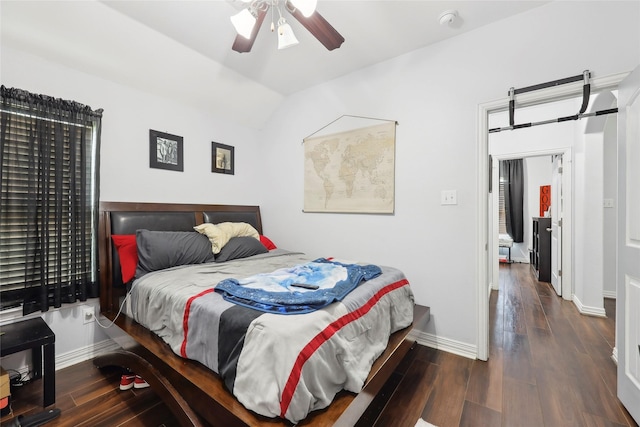 10025 Jason Ct, Beaumont, TX 77705 - bedroom with wood finished floors, lofted ceiling, baseboards, and a ceiling fan