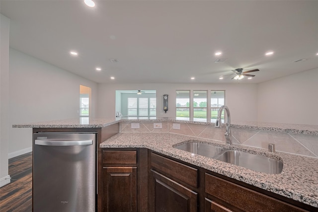 430 Seaside Sparrow Way, Richmond, TX 77469 - kitchen featuring dishwasher, ceiling fan, dark brown cabinets, healthy amount of natural light, and recessed lighting