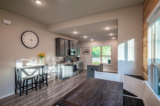 907 Crystal River Rd, Conroe, TX 77316 - kitchen featuring stainless steel appliances, dark wood-type flooring, a center island, recessed lighting, and light stone countertops