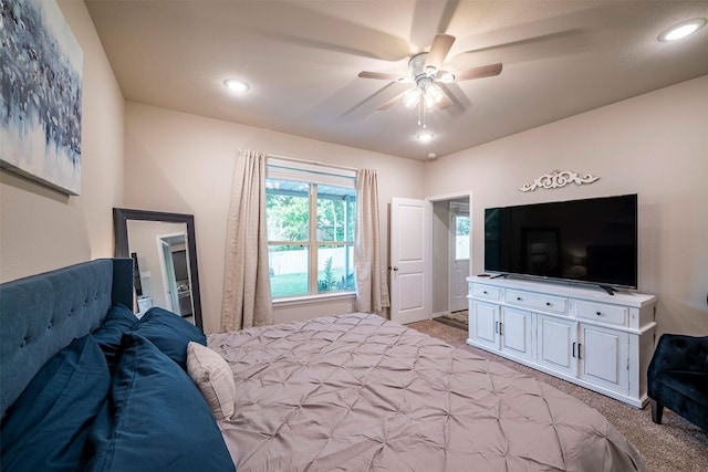 907 Crystal River Rd, Conroe, TX 77316 - bedroom featuring light colored carpet, ceiling fan, and recessed lighting