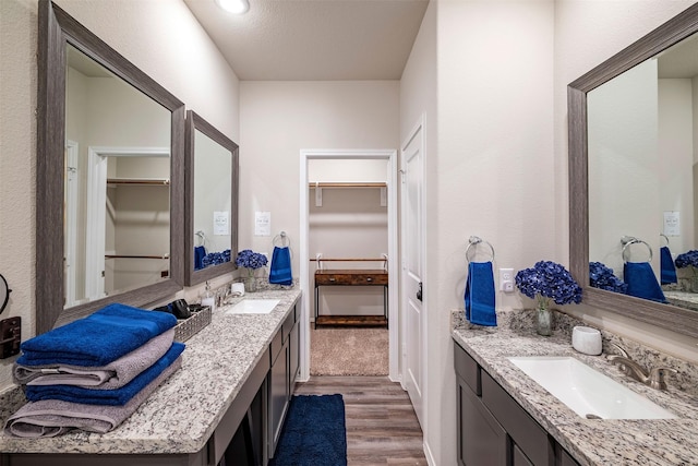 907 Crystal River Rd, Conroe, TX 77316 - full bathroom with wood finished floors, a spacious closet, and two vanities