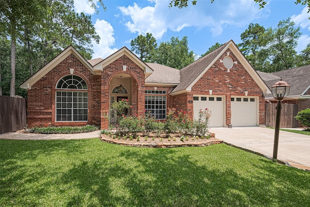 26 Skyland Pl, The Woodlands, TX 77381 - view of front of house featuring brick siding, an attached garage, concrete driveway, and roof with shingles