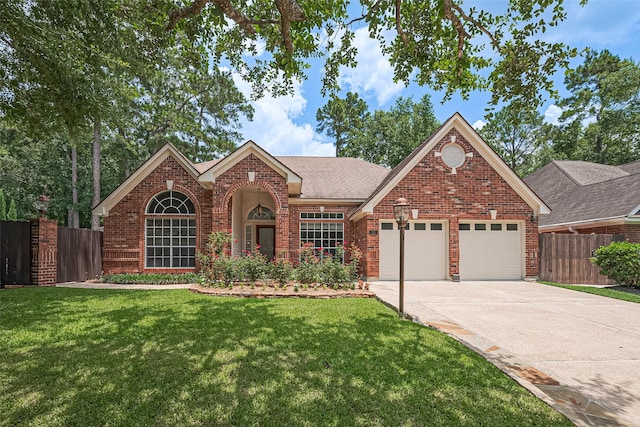 26 Skyland Pl, The Woodlands, TX 77381 - view of front of home with brick siding, a garage, concrete driveway, and roof with shingles