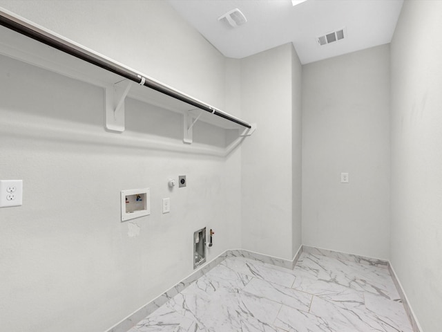 2107 Jitterbug Ln, Katy, TX 77493 - laundry room featuring electric dryer hookup, washer hookup, light marble finish flooring, hookup for a gas dryer, and baseboards