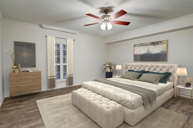4515 Briar Hollow Pl Unit 213, Houston, TX 77027 - bedroom featuring wood finished floors, ornamental molding, baseboards, and a ceiling fan