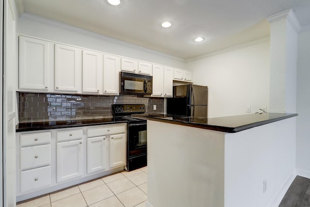 4515 Briar Hollow Pl Unit 213, Houston, TX 77027 - kitchen with black appliances, white cabinets, ornamental molding, decorative backsplash, and recessed lighting