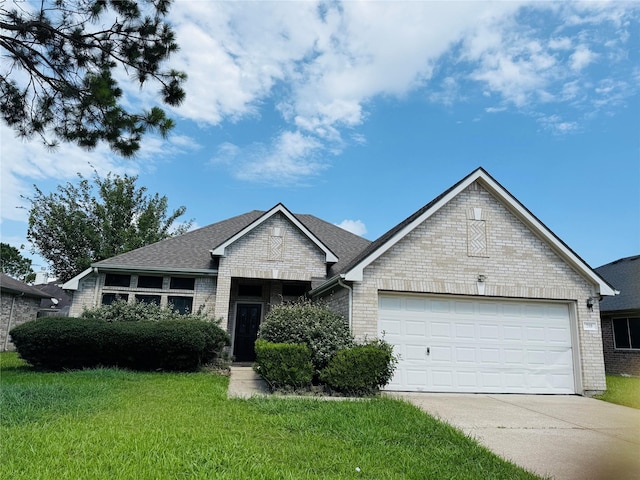 210 Cedar Lake Dr, League City, TX 77573 - view of front of house featuring brick siding, concrete driveway, a garage, and a front lawn