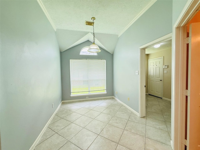 210 Cedar Lake Dr, League City, TX 77573 - spare room with light tile patterned flooring, vaulted ceiling, crown molding, and a textured ceiling