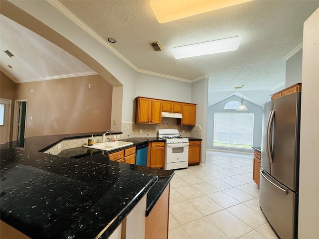 210 Cedar Lake Dr, League City, TX 77573 - kitchen with freestanding refrigerator, white gas range, lofted ceiling, dishwashing machine, and under cabinet range hood