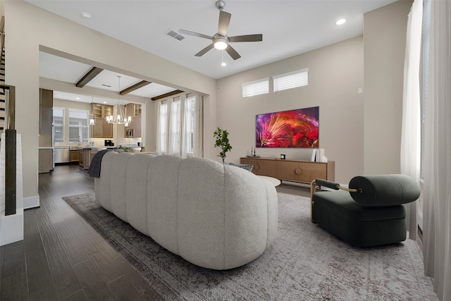 5401 Larkin St, Houston, TX 77007 - living room with a chandelier, a ceiling fan, dark wood-style floors, recessed lighting, and beamed ceiling