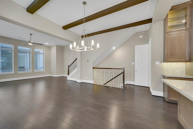 5401 Larkin St, Houston, TX 77007 - unfurnished living room with a chandelier, dark wood-style flooring, beamed ceiling, baseboards, and a ceiling fan