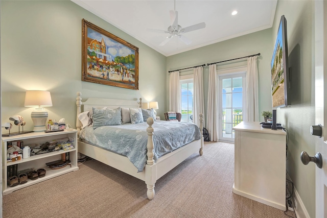 714 Positano Rd, Galveston, TX 77550 - bedroom with access to outside, light colored carpet, crown molding, a ceiling fan, and baseboards