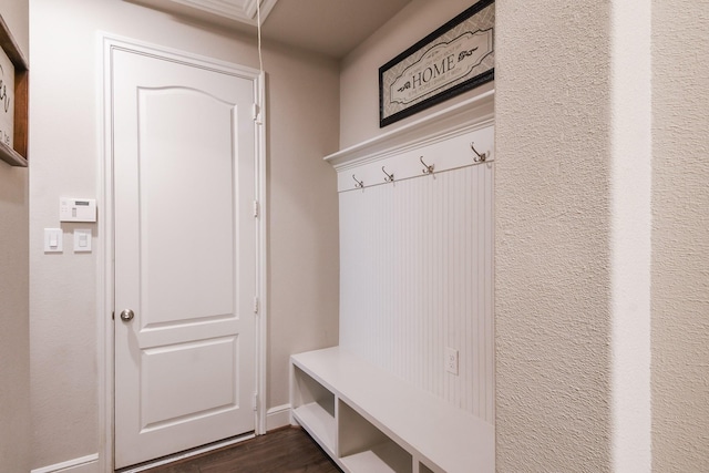 13326 Hartford Bay Trl, Cypress, TX 77429 - mudroom featuring dark wood finished floors and attic access