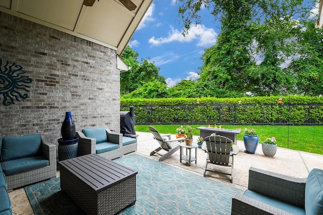 13326 Hartford Bay Trl, Cypress, TX 77429 - fenced backyard with outdoor lounge area, a patio, and ceiling fan
