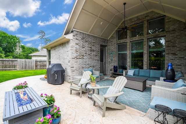 13326 Hartford Bay Trl, Cypress, TX 77429 - view of patio featuring outdoor lounge area, a grill, and a ceiling fan