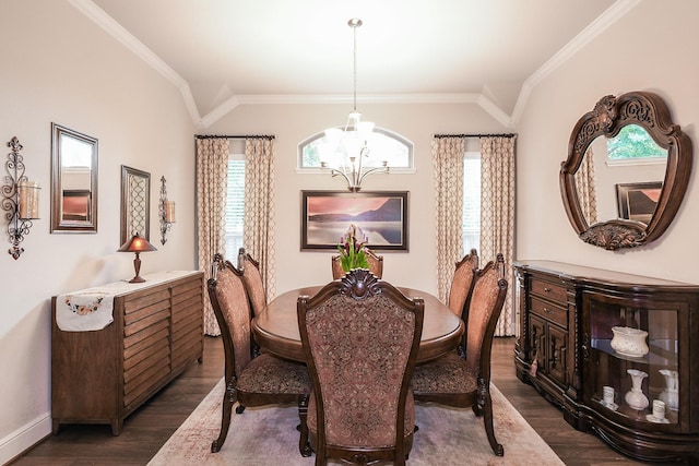 13326 Hartford Bay Trl, Cypress, TX 77429 - dining area with a chandelier, dark wood finished floors, lofted ceiling, plenty of natural light, and crown molding