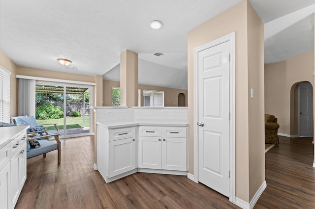 6318 Pleasant Stream Dr, Katy, TX 77449 - kitchen featuring light countertops, white cabinets, dark wood-style flooring, and arched walkways