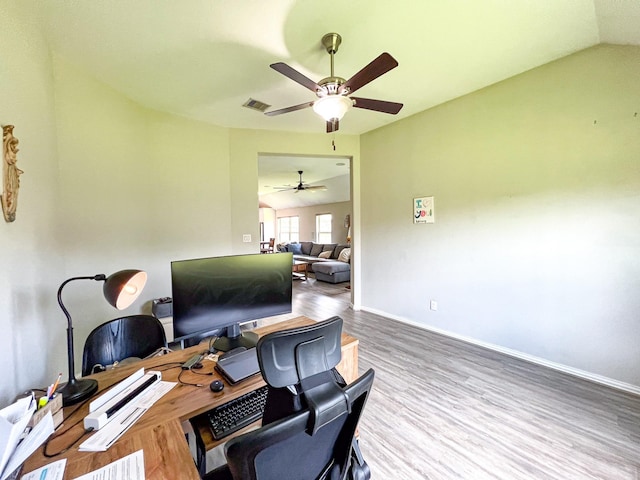 2900 Green Ash Ct, Conroe, TX 77301 - office space with a ceiling fan, wood finished floors, baseboards, and vaulted ceiling