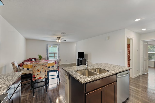 302 Connecticut St, Houston, TX 77029 - kitchen with a sink, dishwasher, dark wood-type flooring, a ceiling fan, and open floor plan