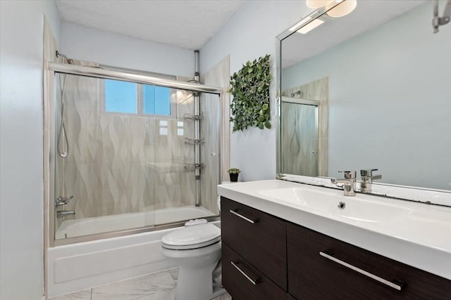 8307 Parasol Ln, Houston, TX 77064 - bathroom with vanity, marble look tiles, shower / bath combination with glass door, and toilet
