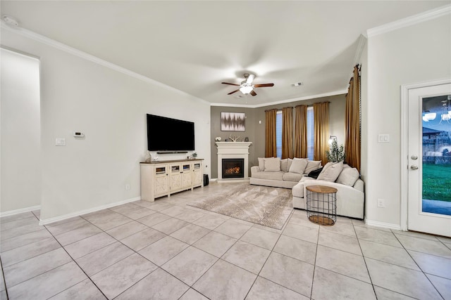 7411 Nottington Ct, Spring, TX 77379 - living area with crown molding, light tile patterned floors, ceiling fan, and a fireplace with raised hearth