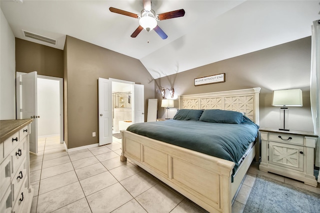 7411 Nottington Ct, Spring, TX 77379 - bedroom featuring light tile patterned floors, lofted ceiling, ceiling fan, and ensuite bathroom